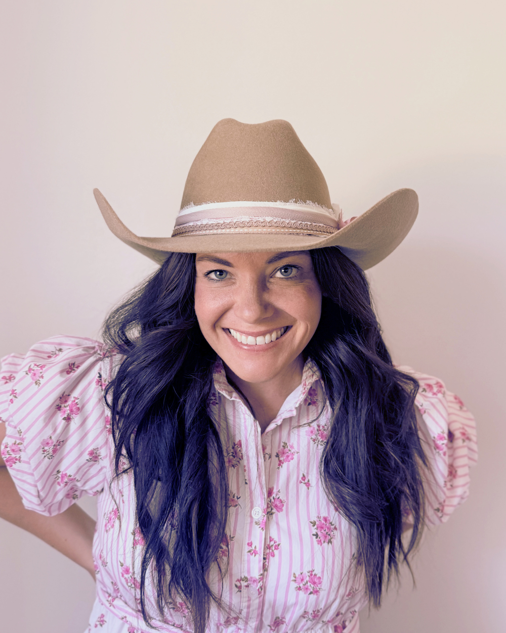 Soft Brown, 100% Wool Felt Western Hat, Ivory and Pink Accents