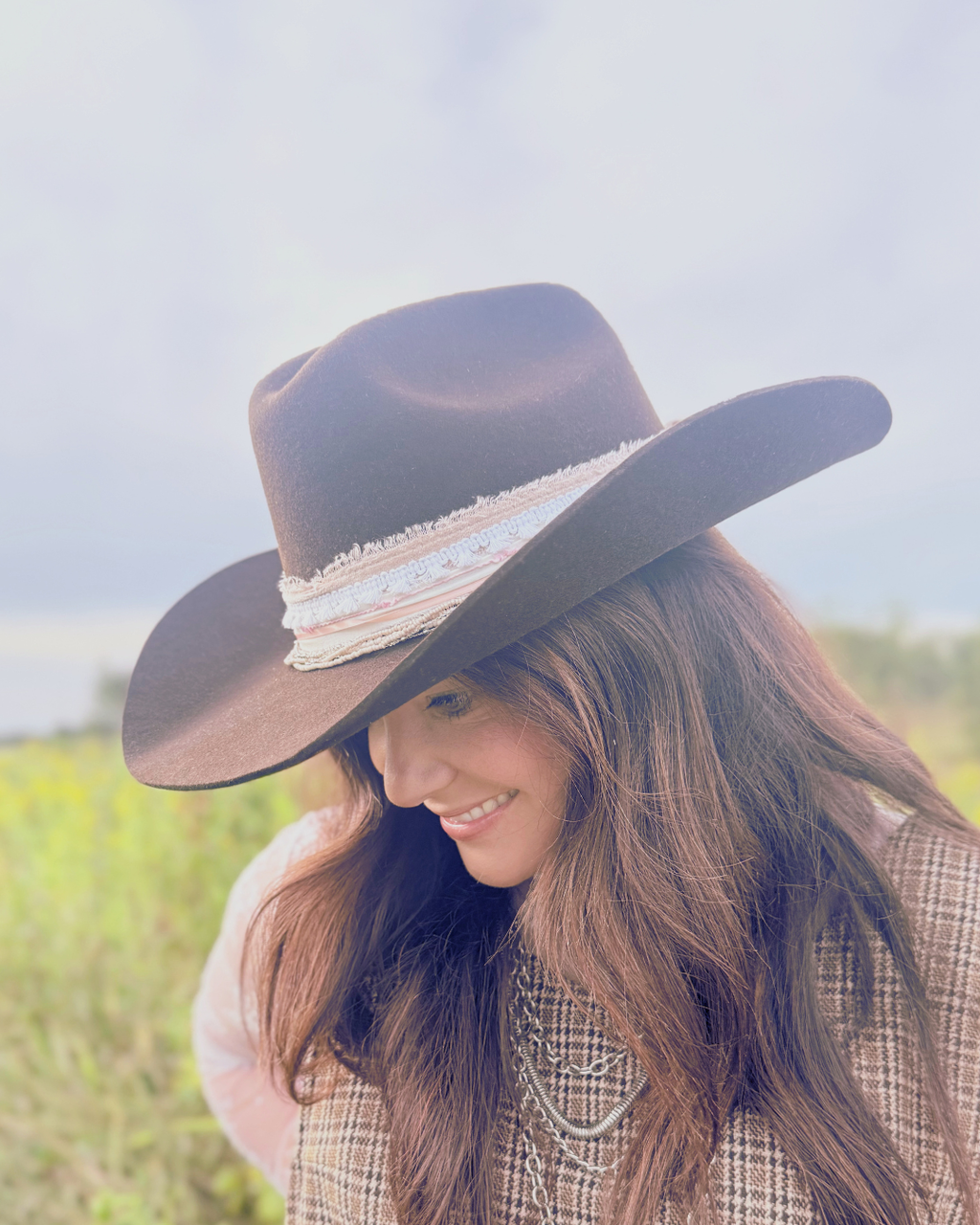 Brown, 100% Wool Classic Western Hat, Pink and White Banding
